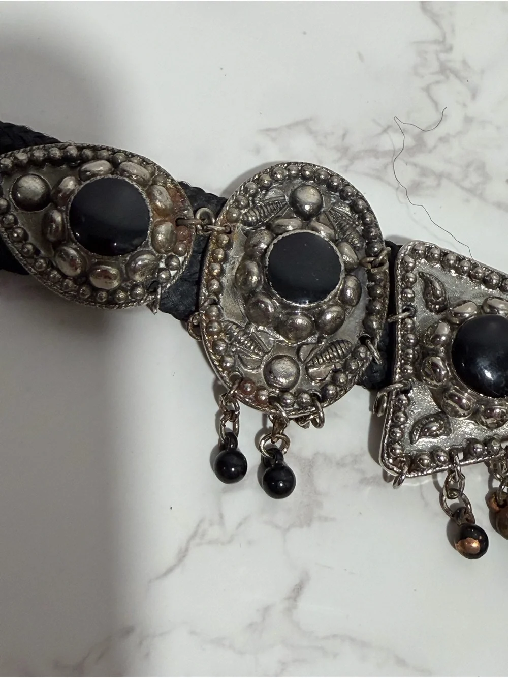 Vintage Boho/Western Black Cord‎ and Silver-Tone Decorative Belt